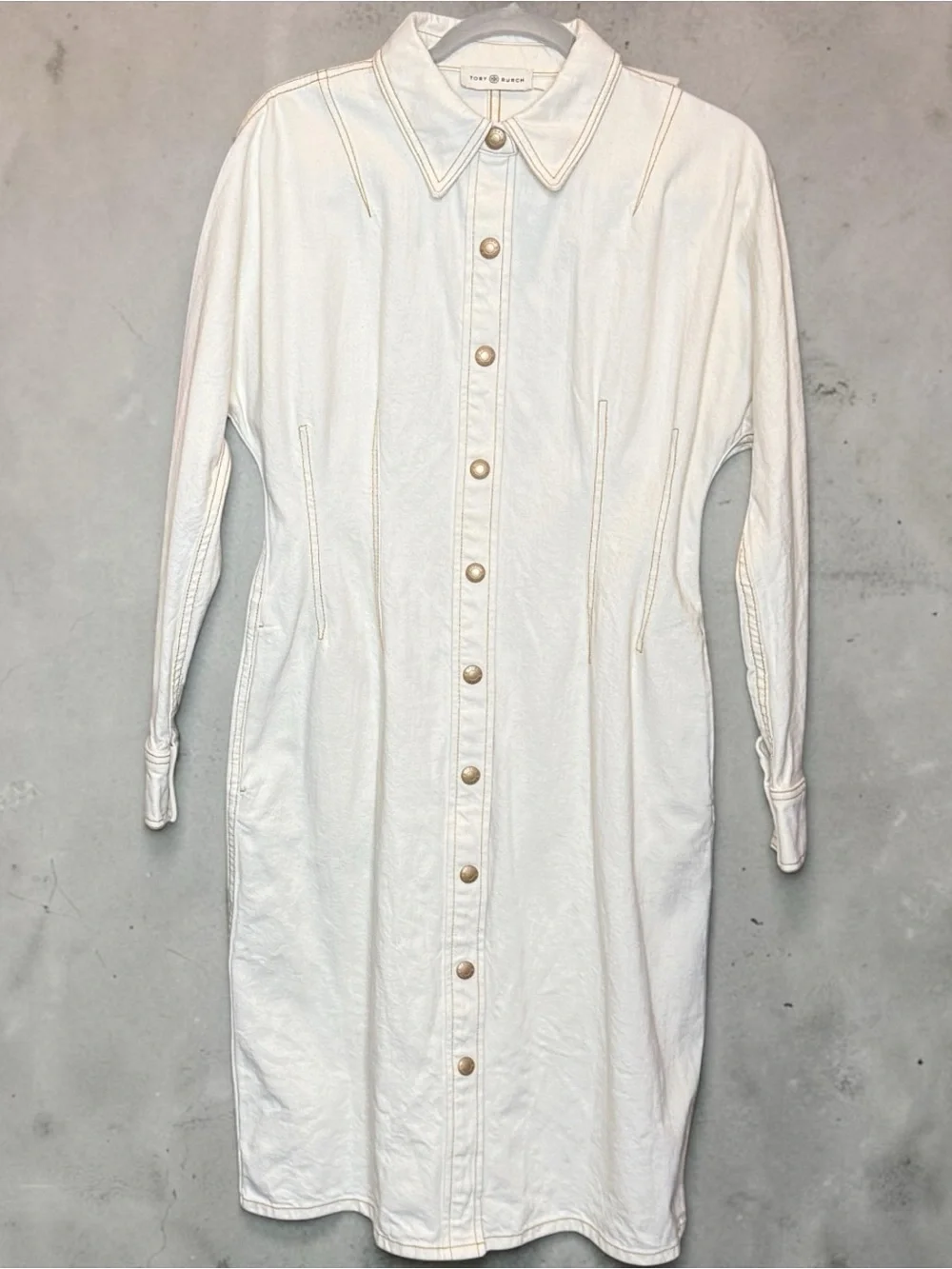 Tory Burch Denim Like Cream Color Full Front Snap Closure Shirt Dress | EUC